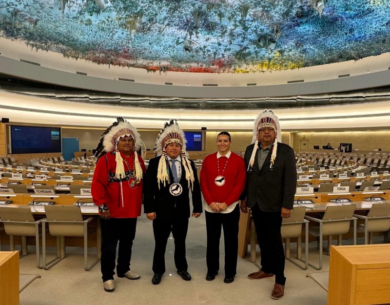 Left to right: Chief Wayne Desjarlais (Ebb and Flow First Nation), Grand Chief Jerry Daniels [BA (Economics)/08] (Southern Chiefs' Organization Inc.), Tréchelle Bunn (2L) [BA/23], and Chief Kurvis Anderson (Pinaymootang First Nation).