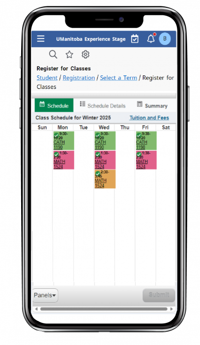 View of the registration system on a mobile phone, the screen is displaying a students schedule in calendar view