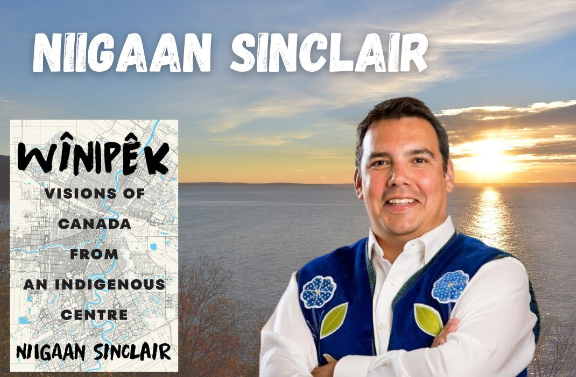 Photo of Niigaan Sinclair and the cover of his book Winipek: Visions of Canada from an Indigenous Centre