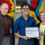 Pharmacy award recipient Sean Ticsay with Class of 1966 alumni Dan Sitar and Marian Kremer