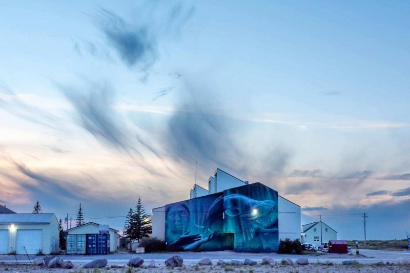 A vibrant mural featuring a whale and a human face adorns the side of a building, set against a dramatic evening sky with wispy clouds in a small rural community.