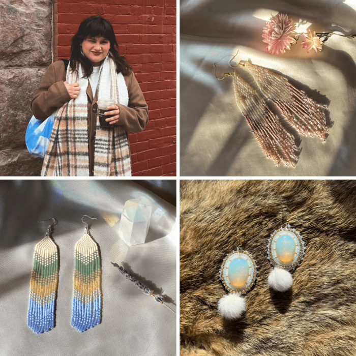 Collage image of student-vendor Chloé and samples of her beaded earrings.