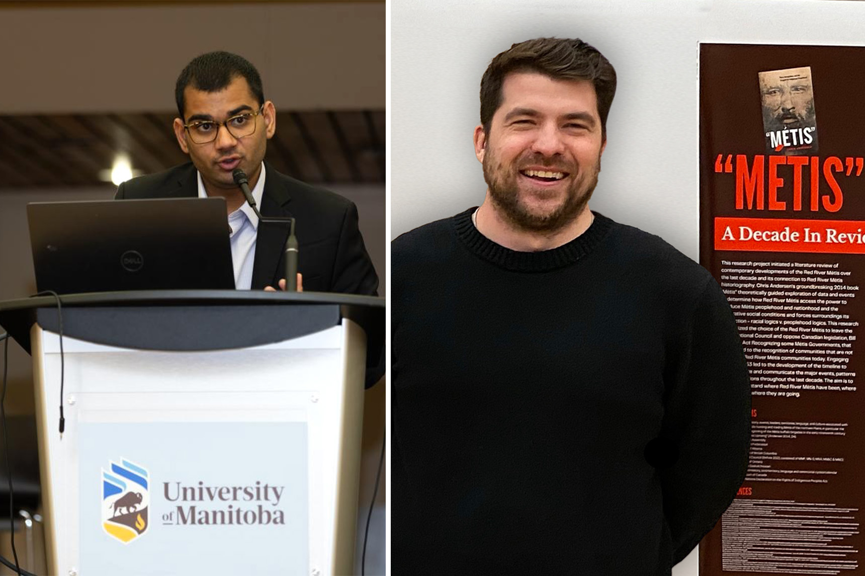 On the left, male student speaking from a podium. On the right, male student smiling standing in front of a research poster.