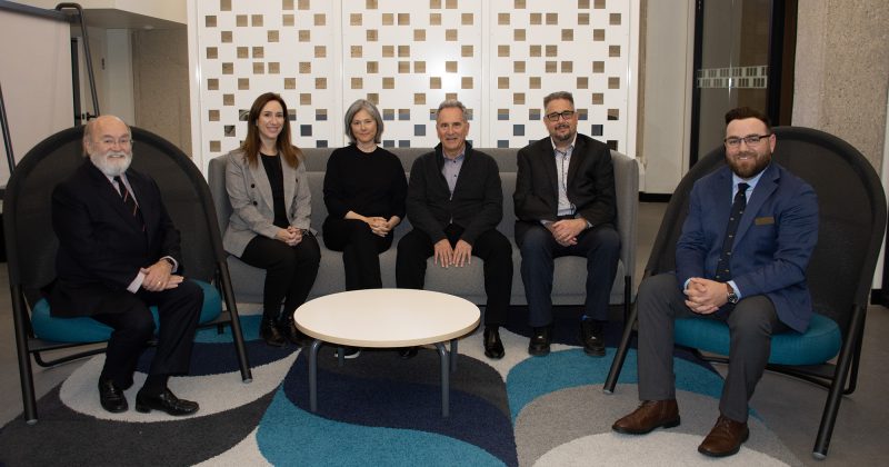 Left to right: Nick Slonosky, Supervising Lawyer; Stephanie Levene, Associate Vice-President (Donor Relations); Simone Vickar, L. Kerry Vickar [LLB/1980], Richard Jochelson, Dean of Law; Yvan Larocque, Supervising Lawyer.