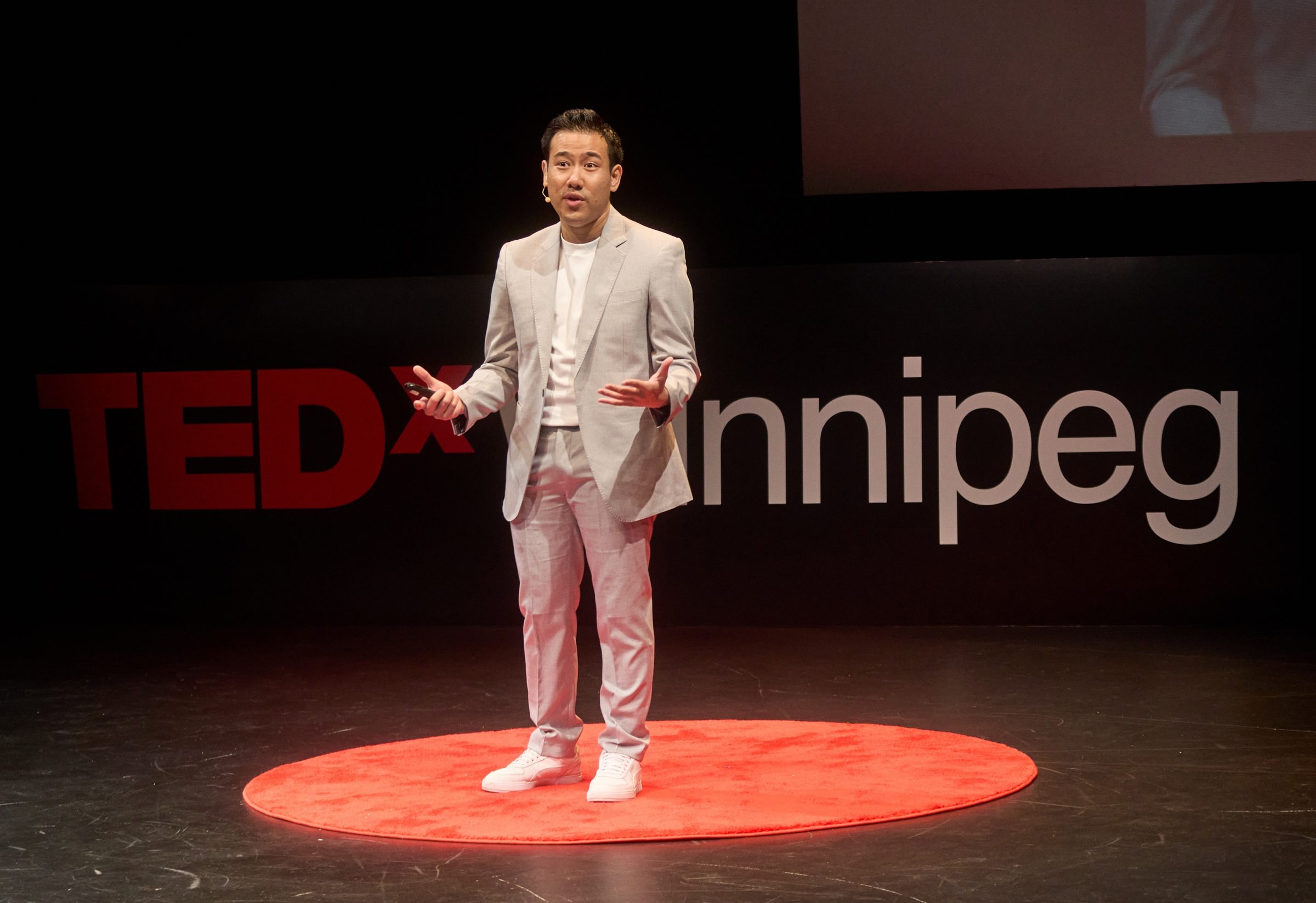 Toby Le, PhD candidate in medical microbiology at UM, speaks at the TEDxWinnipeg event in 2024.