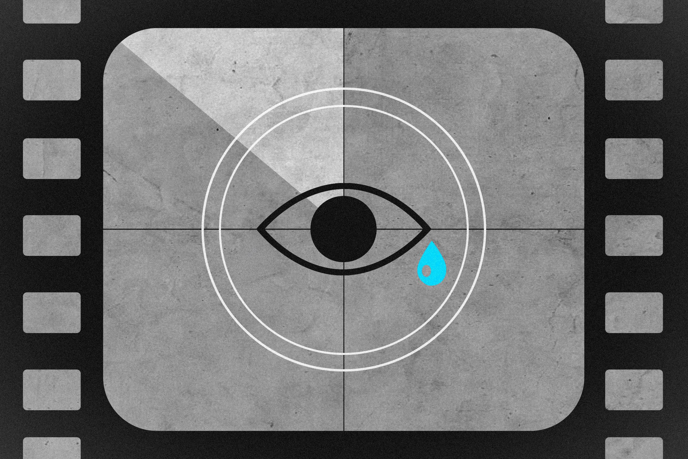 A graphic of an crying eye centered in a film strip