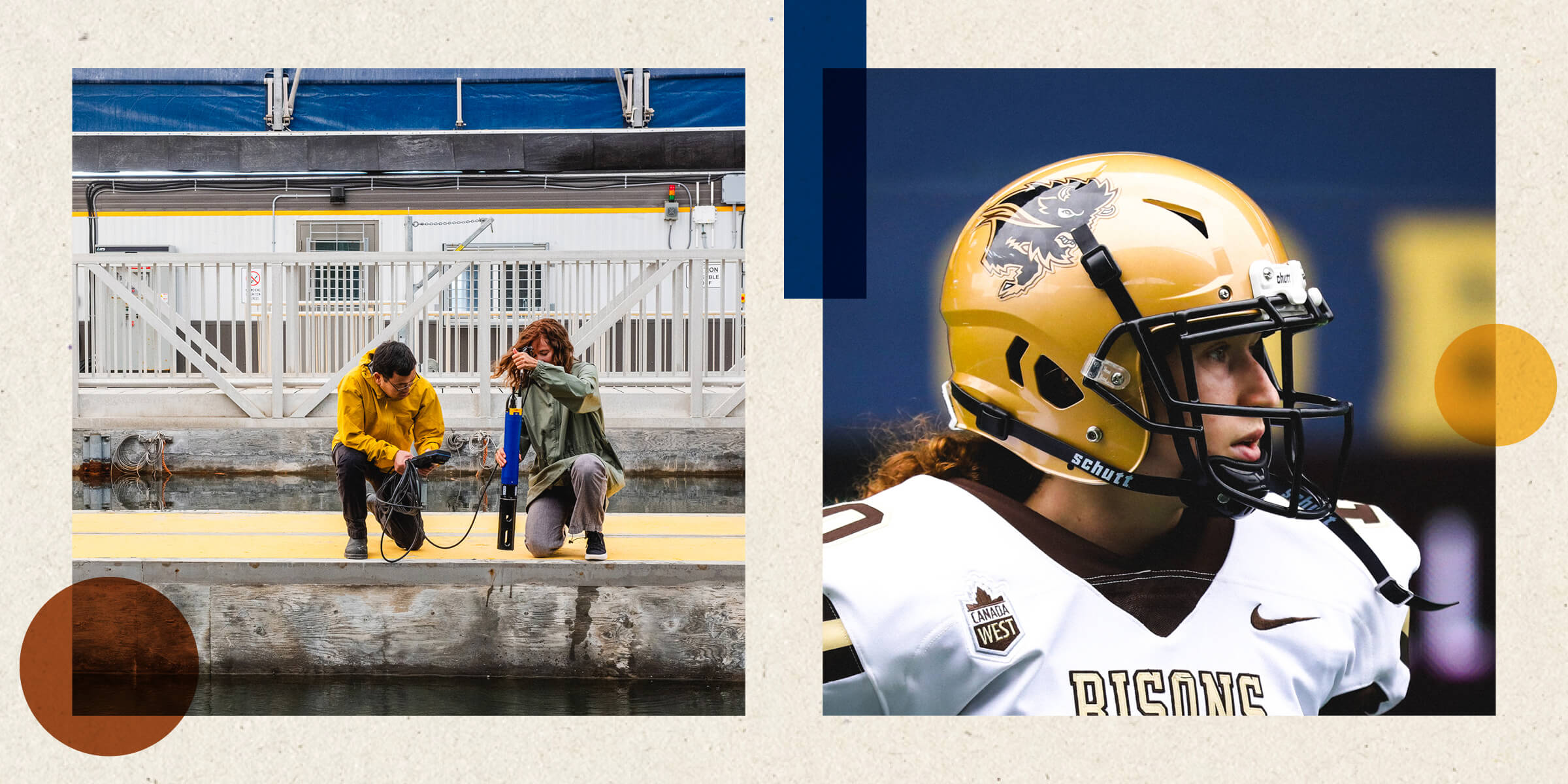 Researchers Feiyue Wang and Julienne Stroeve at the Churchill Marine Observatory (left) and Bisons kicker Maya Turner