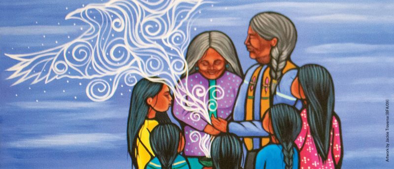 Artwork by Jackie Traverse featuring Elders with youth.