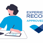 Illustration of woman taking notes on a tablet while watching a workshop beside 'Experience Record approved' logo with blue checkmark