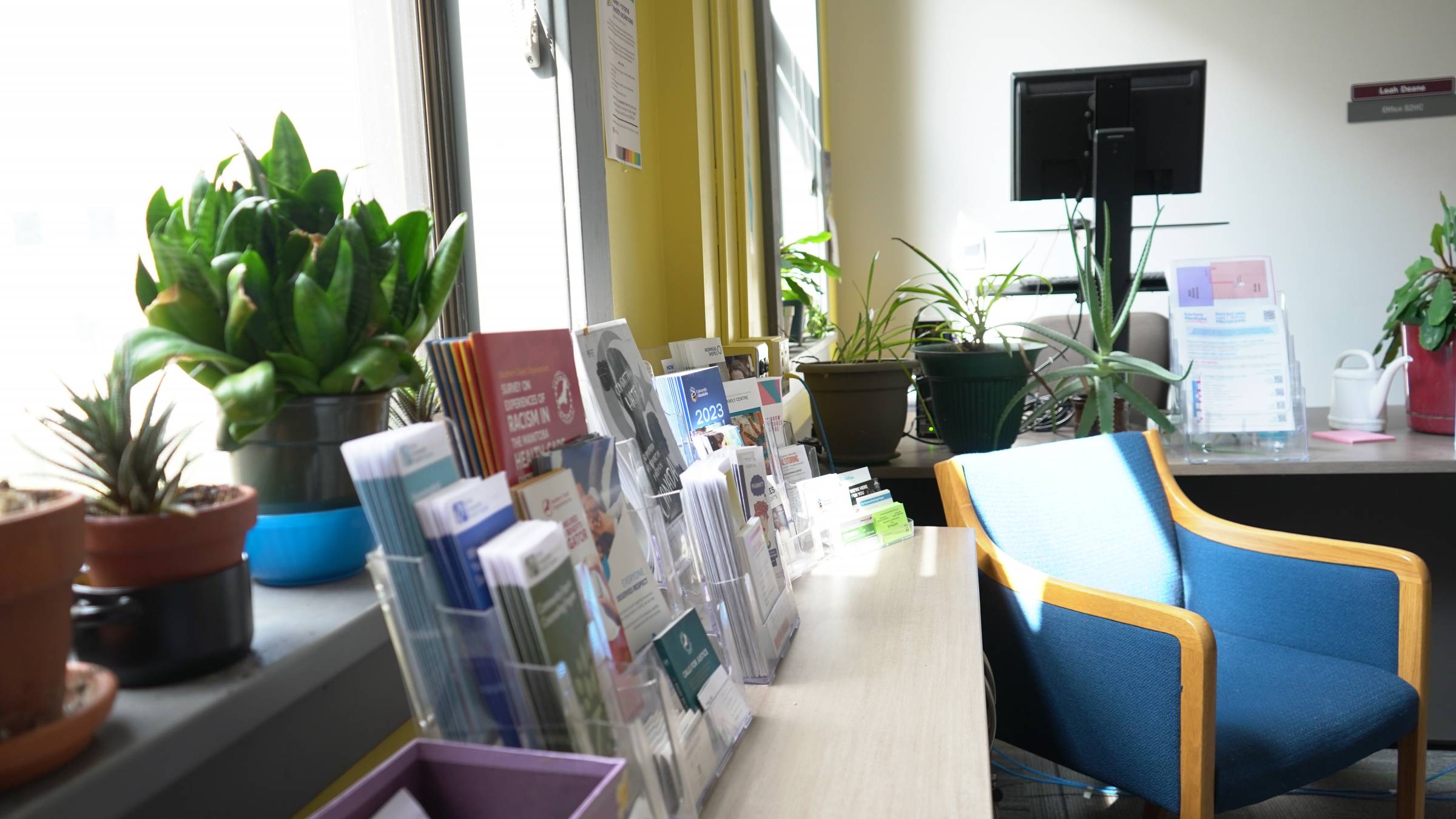 Reception area and service brochures in the Student Services at Bannatyne Campus, room S211 Medical Services Building