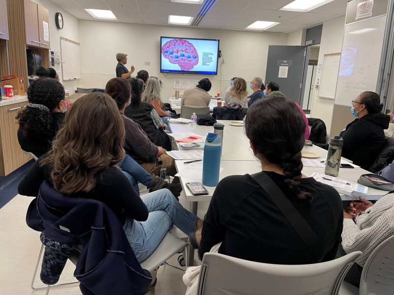 Peer/community research team in a classroom with their backs to the camera, with someone presenting an image at the front.