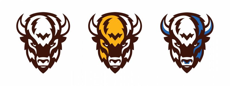 A banner of three 2025 Bisons logos with each one isolating a colour, brown, gold and blue