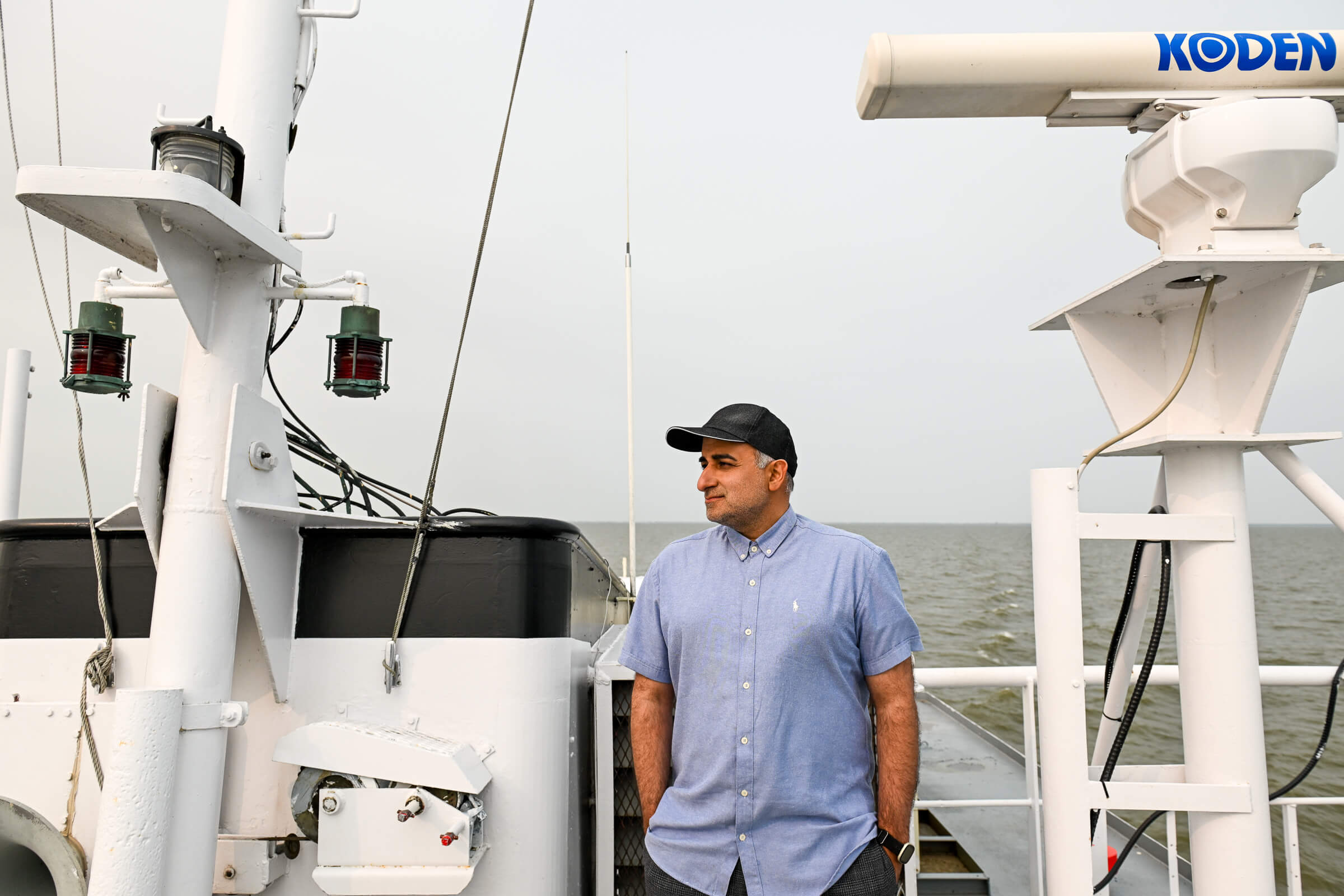 UM researcher Masoud Goharrokhi stands on the top deck of the Namao research vessel