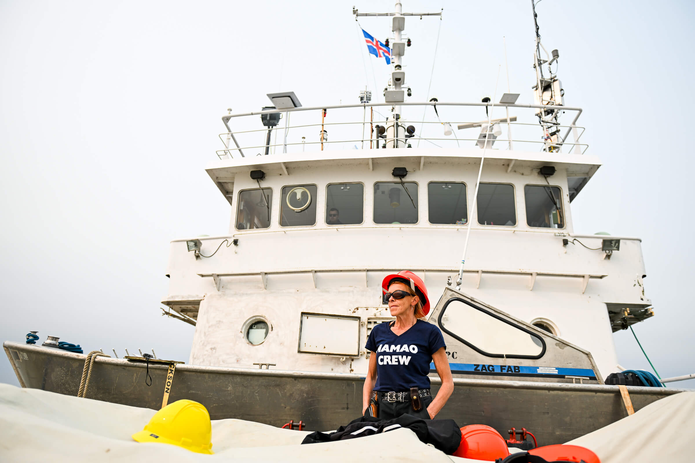 Shelley Mishtak, the Namao’s first female deckhand, stands on the ship
