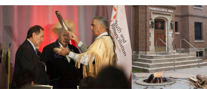 On the left, an Elder leads a ceremonial blessing with a feather during a Truth and Reconciliation event. On the right, a sacred fire burns outside Chancellor’s Hall at the University of Manitoba.