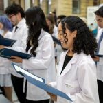 Two rows of students read the Community Code off of papers. They are wearing white coats.