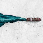 A collage illustration of a ship breaking through ice with open water behind it