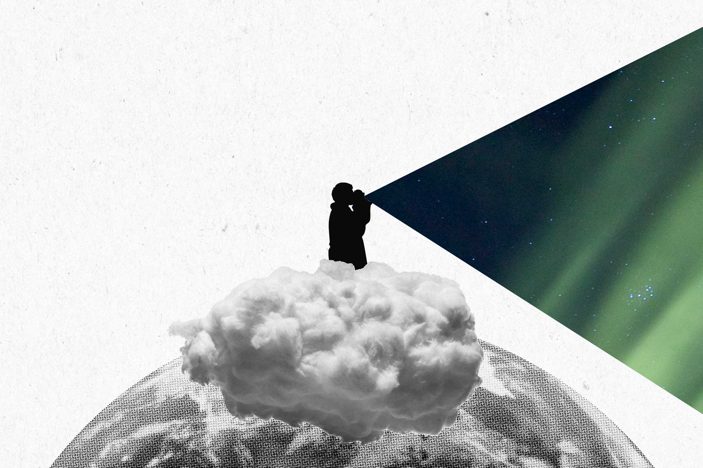 A figure standing on the top of the world with a triangle illustrating its voice, reflecting the northern lights