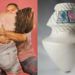 A collage showing two artworks. On the left is a painting of two people embracing. They both wear jeans. One person holds their partner tightly on their lap and locks eyes with the viewer. On the right is a photo of a vessel made of ceramic and woven material. The piece is white and the woven top features gendered bathroom symbols woven on top of the trans flag.