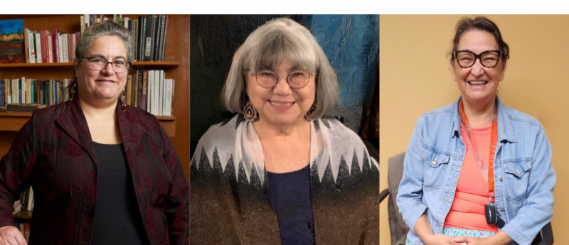 From left to right: Dr. Cary Miller, organizer of the Teach-In for Reconciliation; Survivor Astrid MacNeill, sharing her healing journey at the Heart Garden; and Elder-in-Residence Kookum Karen Courchene, leading the orange shirt origami activity.