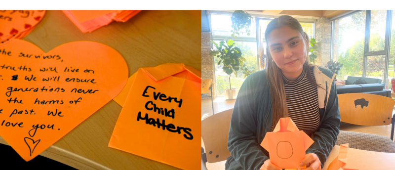Left: An orange paper heart with a handwritten message honouring Survivors alongside an origami orange shirt that reads 'Every Child Matters.' Right: A student smiling and holding an orange origami shirt while seated in a bright room with plants and large windows