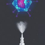 An illustrated collage of a virus above a nose spray bottle