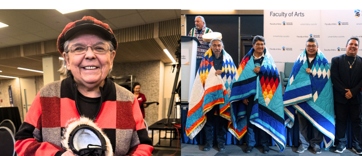 Elder smiling and holding a drum beside a group of honourees wrapped in star blankets at the University of Manitoba event.