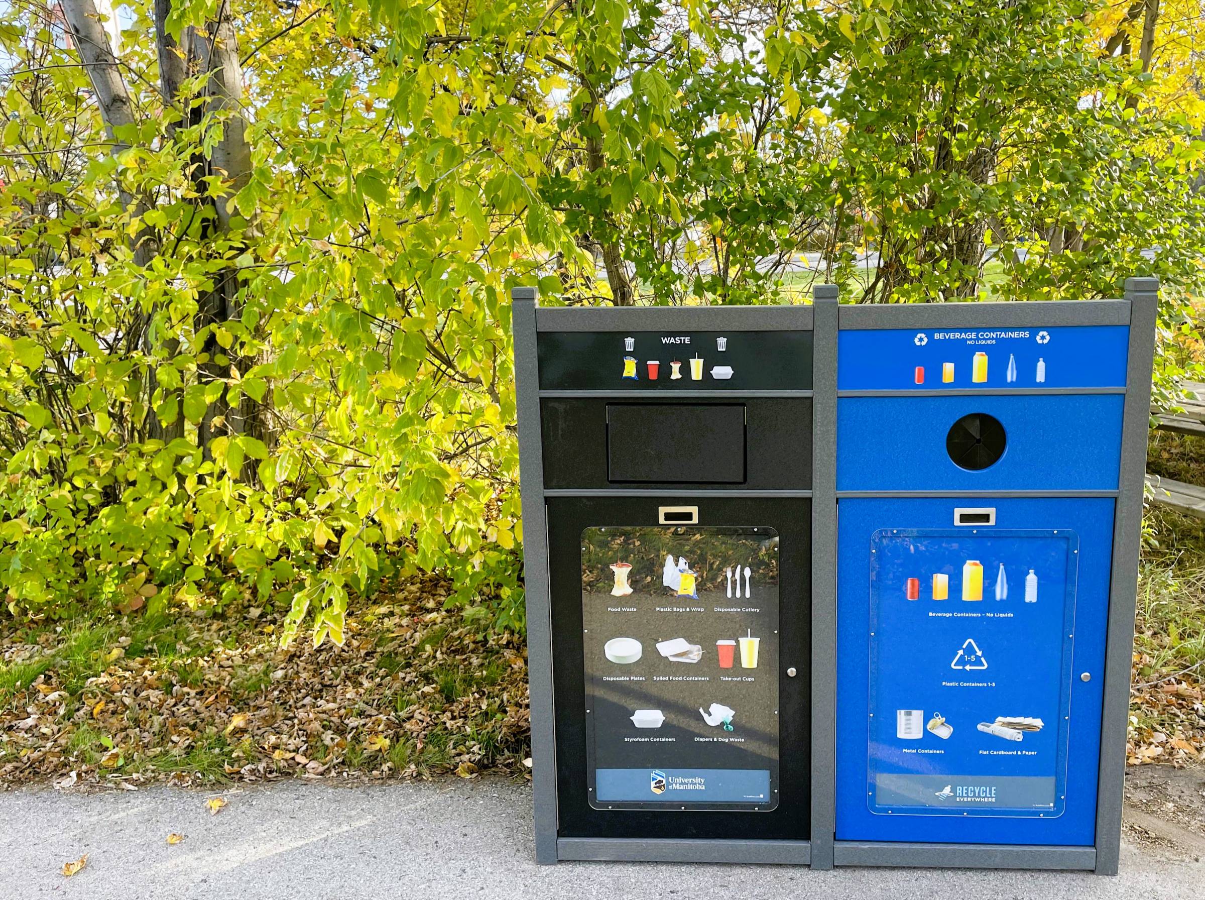 Waste and recycling bin in front of greenery