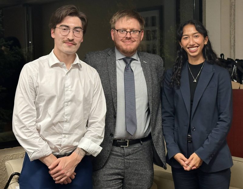The runner-up team. From left to right: Mitchell Klippenstein, Ari Hanson (competition judge, and Dena Aminzadeh (photo credit: Daniel Cha).
