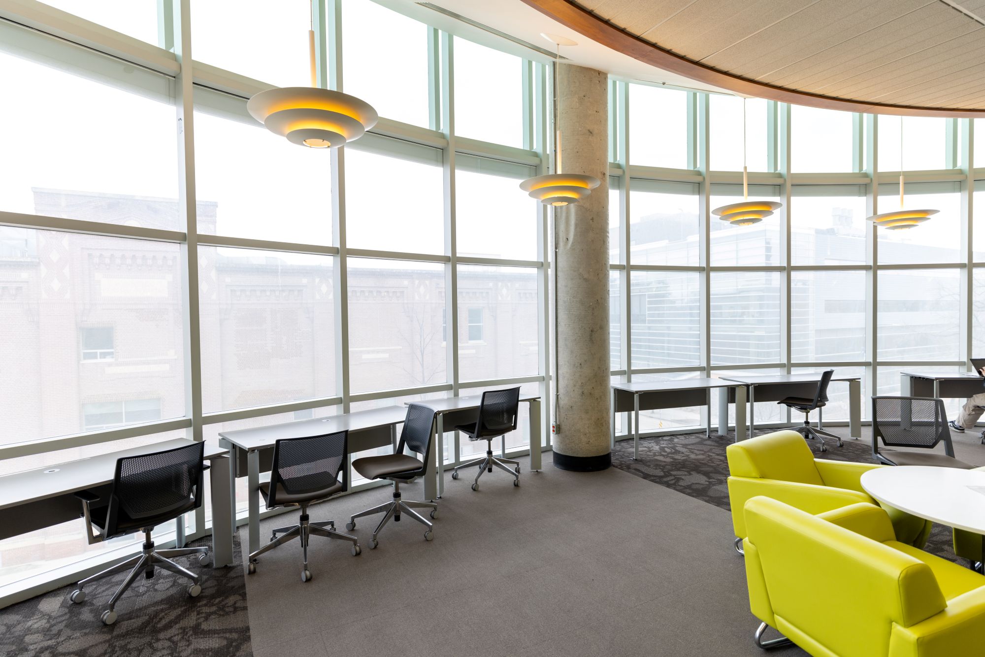 A wide shot of the bank of windows and study spaces at NJM Health Sciences Library