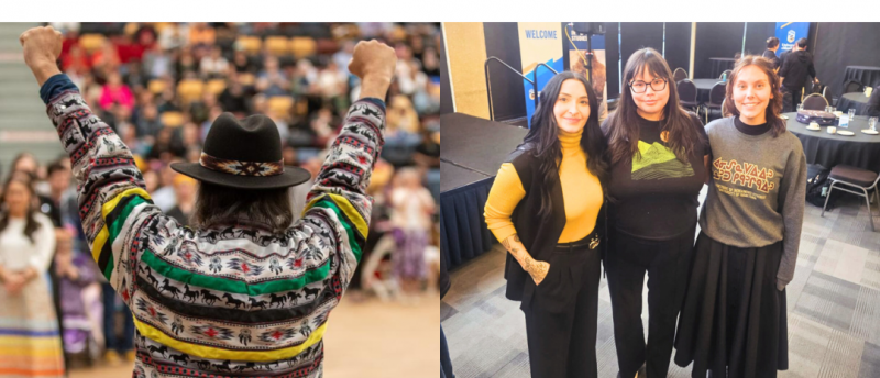 Person raising arms in celebration at a gathering and three students posing together at an event.
