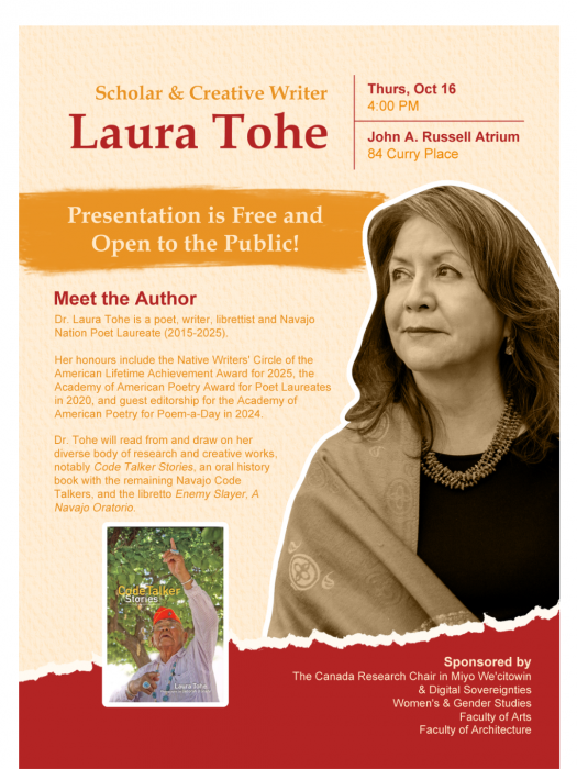 Poster of Laura Tohe's event on Oct 16, 2025.
