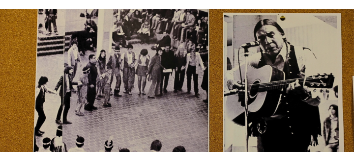 Historic photos showing a group dance and a musician playing guitar at an Indigenous campus event.