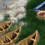 Illustration of three wooden canoes by a riverside with grass, rocks, woven baskets filled with berries, and part of a colorful blanket.