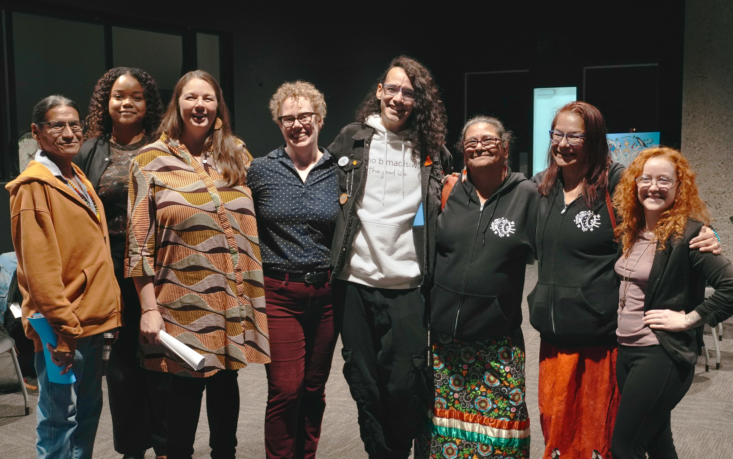 Dr. Mayor and Dr. Chamberlain with research asistants and Zoongizi Ode staff at the Millennium Library's Carol Shields Auditorium in October 2025