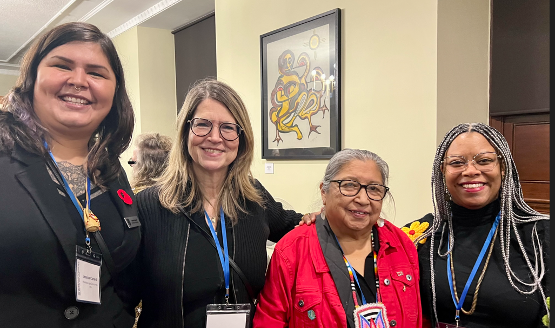 From left to right: Manitoba Legal Clinic for the Arts law student Jessie Canard (3L) with Kelly Thornton (Artistic Director, RMTC), Elder Barb Nepinak, Audrey Dwyer (Director of Granting, Manitoba Arts Council)