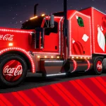A big red semi truck wrapped in lettering that says Coca Cola and festive white lights.