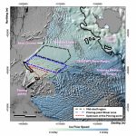 An image showing ice flow speed at the Thwaites Glacier in West Antarctica.