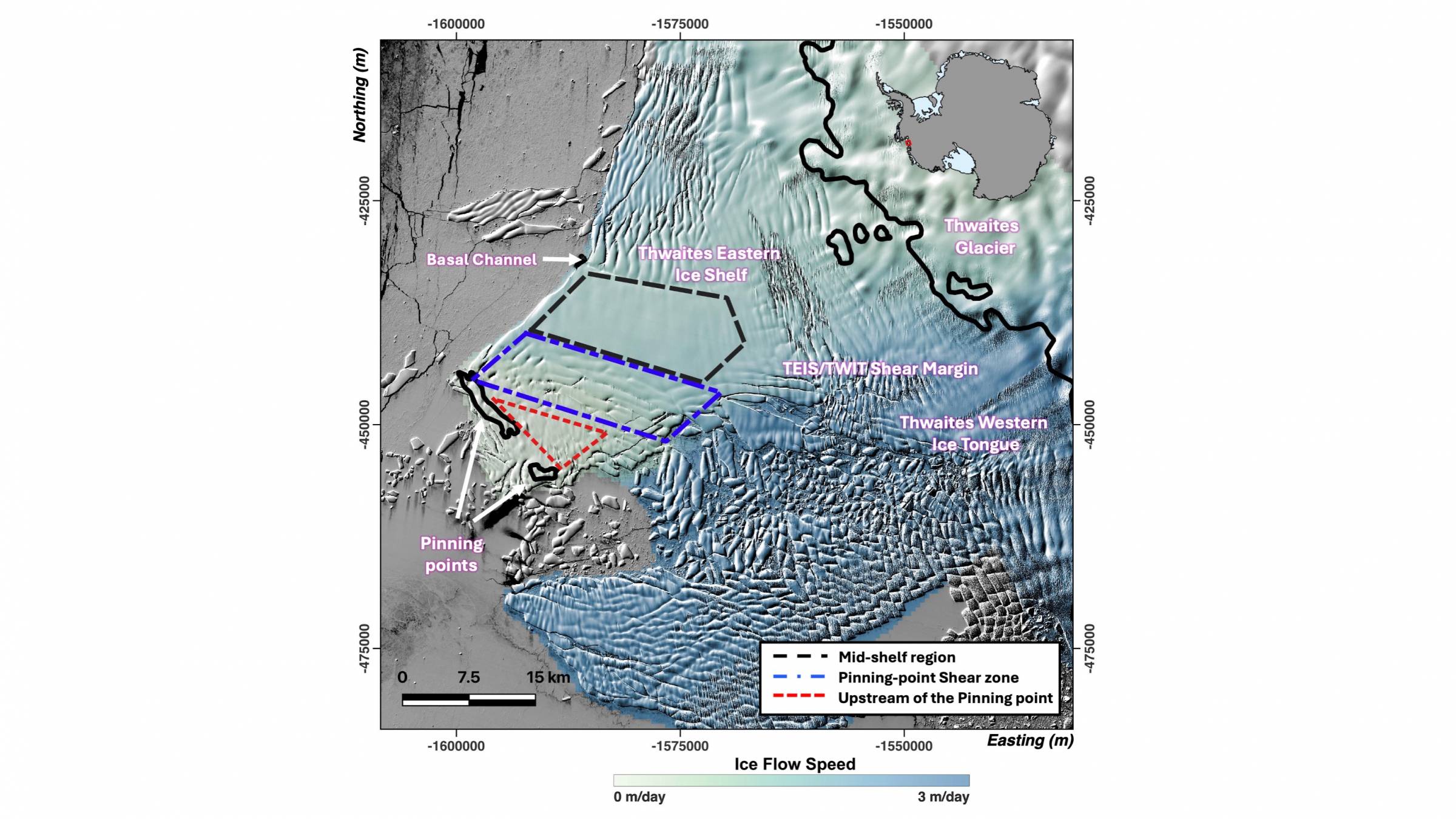An image showing ice flow speed at the Thwaites Glacier in West Antarctica.
