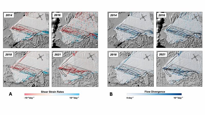 A series of diagrams showing the shear strain rates and flow divergence of the An image showing ice flow speed at the Thwaites Glacier from 2014 to 2021.