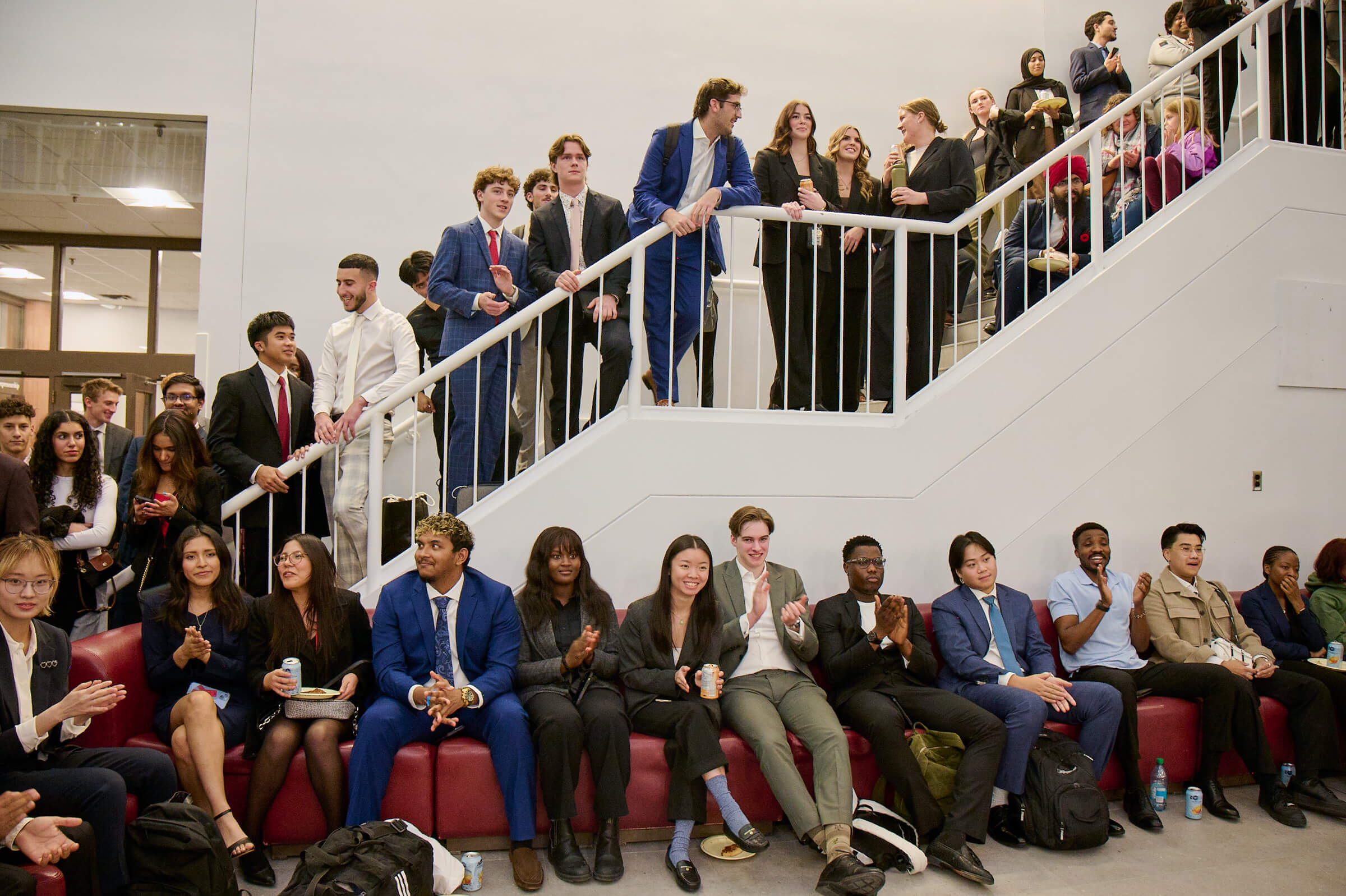 Students fill the atrium in the Drake Building for the CPHR pitch competition, hosted by the Stu Clark Centre for Entrepreneurship. // Photo by Tony Nardella