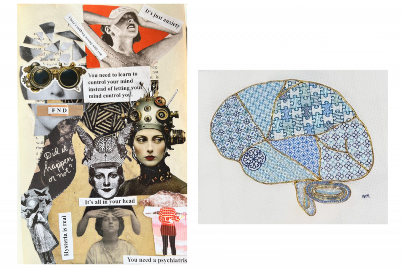 A collage made from newspaper clippings alongside a brain-shaped cross-stitch, partially designed as a puzzle with missing pieces.