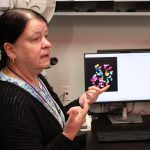 A colourful graphic is on a computer monitor behind Dr. Sabine Mai.