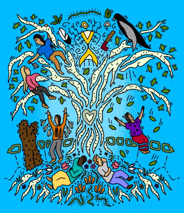 Artwork by Jordan Stranger called “Nitotem,” visually depicting the seven research themes.