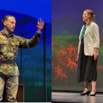 Two students face each other on stage, singing.