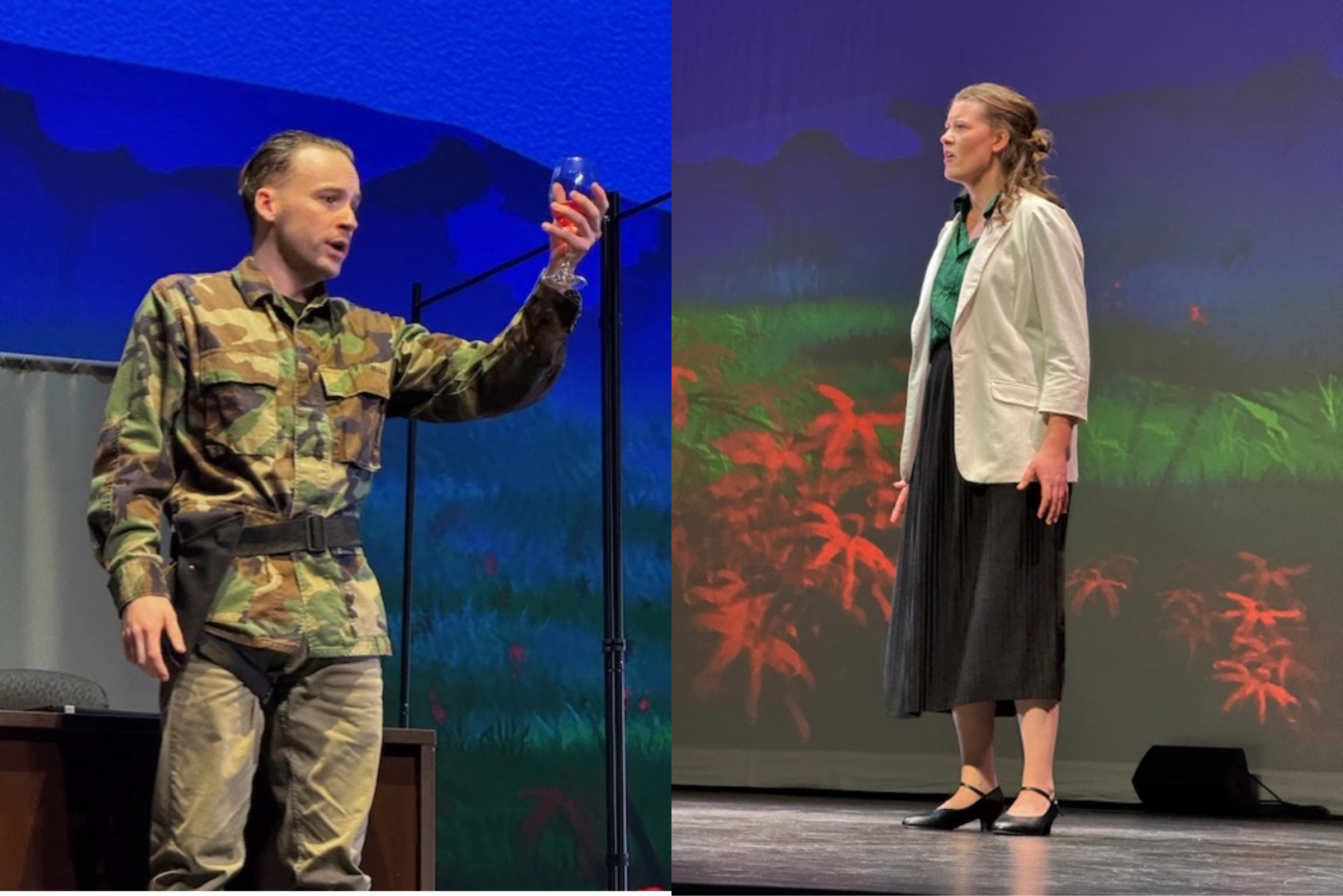 Two students face each other on stage, singing.