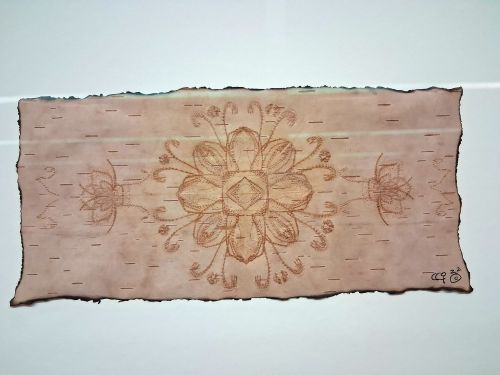 Circular flower image created with teeth in birch bark and framed, art by Pat Bruderer