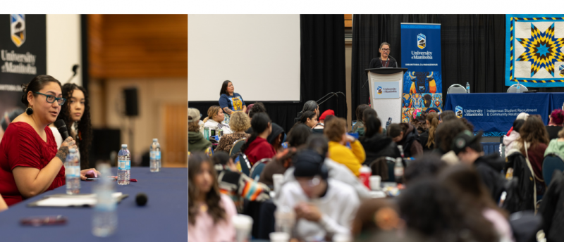 Panels and speakers address a large audience during the event, with attendees seated at round tables.