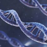 Digital 3D illustration of a DNA molecule in a spiral shape.