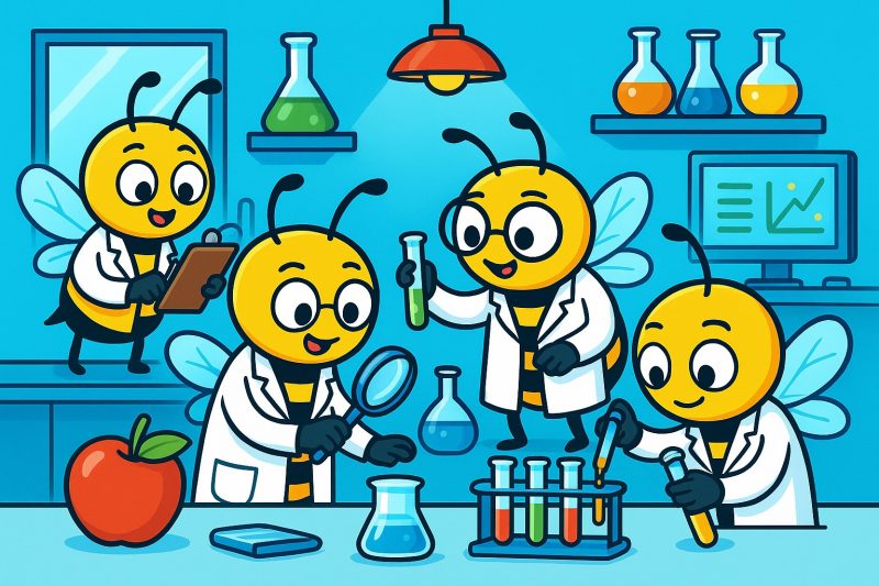 cartoon bees working as scientists in a lab